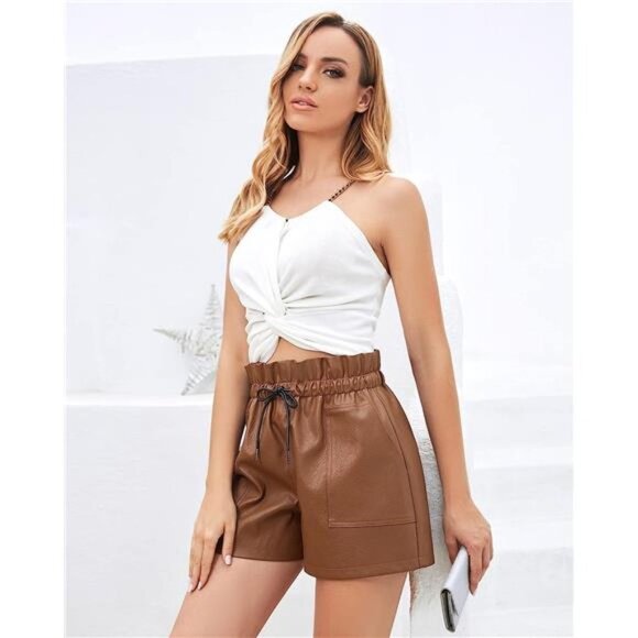 Brown color Faux High Waisted Wide Leg Sexy Shorts - Picture 3 of 6